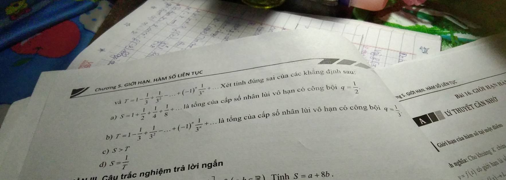 Chương 5. GIỚI HẠN. HÀM SỐ LIÊN TỤC
và T=1- 1/3 + 1/3^2 -...+(-1)'' 1/3^n + Xét tính đúng sai của các khẳng định sau:
Bài 16. Giới hạn Hà
a) S=1+ 1/2 + 1/4 + 1/8 +... là tổng của cấp số nhân lùi vô hạn có công bội
q= 1/2 . 
ng 5. Giớ1 HạN. HàM Số Liên Tục
b) T=1- 1/3 + 1/3^2 -...+(-1)'' 1/3^n +...li tổng của cấp số nhân lùi vô hạn có công bội
q= 1/3 
Lý thuyết cần nhớ
Giới hạn của hàm số tại một điểm
c) S>T
d) S= 1/T 
*h nghĩa: Cho khoảng K chín
-R) Tính S=a+8b. y=f(x) c ó giới hạn là s
Câu trắc nghiệm trả lời ngắn