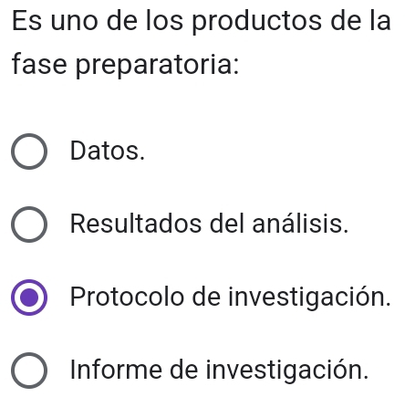 Es uno de los productos de la
fase preparatoria:
Datos.
Resultados del análisis.
Protocolo de investigación.
Informe de investigación.