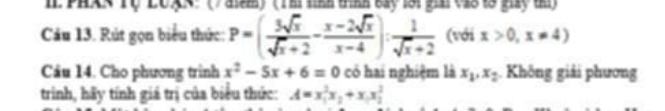 PHAN TQ LUAN: (/ điểm) (1h hnh trình bay 1ới giả vào t5 giay thị) 
Câu 13. Rút gọn biểu thức: P=( 3sqrt(x)/sqrt(x)+2 - (x-2sqrt(x))/x-4 ): 1/sqrt(x)+2  (với x>0,x!= 4)
Câu 14. Cho phương trình x^2-5x+6=0 có hai nghiệm là x_1, x_2. Không giải phương 
trinh, hãy tính giá trị của biểu thức: A=x_1^(2x_2)+x_1x_2^2