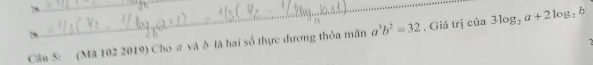 (Mã 102 2019) Cho # và ở là hai số thực dương thỏa mãn a^3b^2=32. Giá trị của 3log _2a+2log _2b