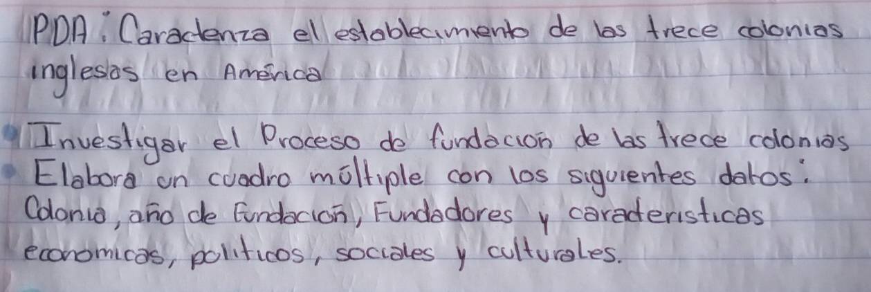 PDA? Caractenza elestableciment de las trece colonios 
ingleshs en America 
Investiger el Proceso de fundocion de las frece colonios 
Elabora on cuadro moltiple con los siquientes dahos: 
Cdonio, ano de fundocion, Fundadores y caraderistices 
economicas, politicos, soccoles y culturales.