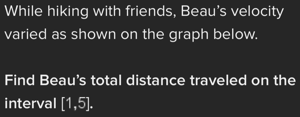 While hiking with friends, Beau's velocity 
varied as shown on the graph below. 
Find Beau's total distance traveled on the 
interval [1,5].