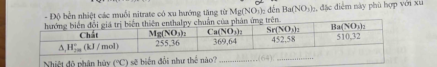 Độ bền nhiệt các muối nitrate có xu hướng tăng từ Mg(NO_3) 2 đến Ba(NO_3)_2 :, đặc điểm này phù hợp với xu
Nhiệt đô phân hủ (^circ C) 6 sẽ biến đồ