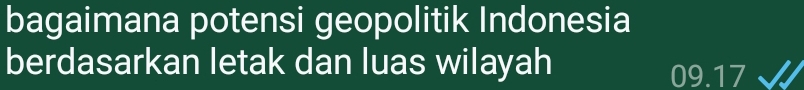 bagaimana potensi geopolitik Indonesia 
berdasarkan letak dan luas wilayah
09.17