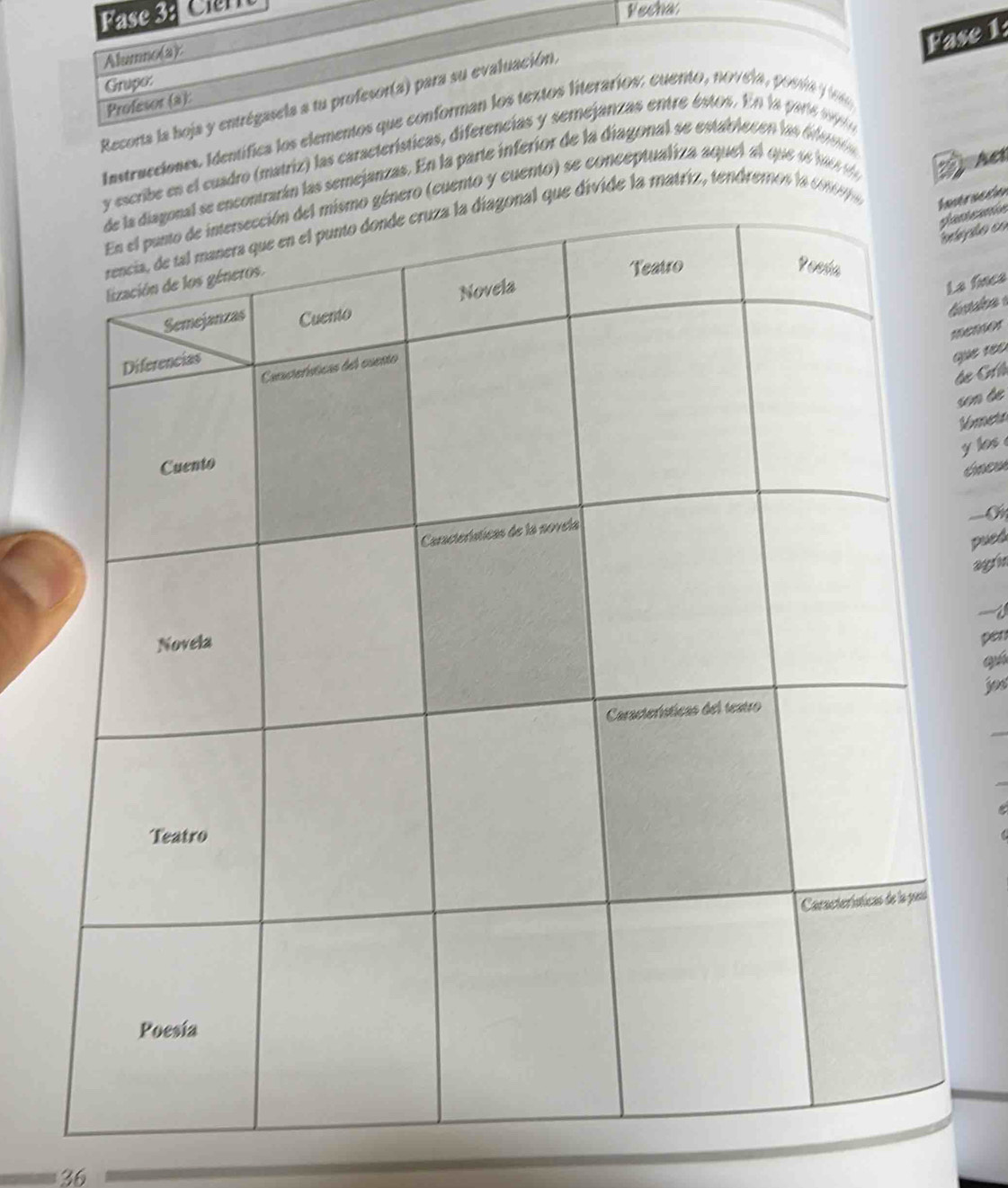 Fase 3: Fecha 
Alummo(a) 
Pase 1 
Grupo: 
Recorta la hoja y entrégasela a tu profesor(a) para su evaluación, 
Profesor (a): 
Instrucciones. Identífica los elementos que conforman los textos literaríos: cuento, novela, povía lo 
ribe en el cuadro (matriz) las características, diferencías y semejanzas entre éstos. En la pare m 
rarán las semejanzas. En la parte inferior de la diagonal se establecen las dera 
nero (cuento y cuento) se conceptualiza aquel al que s iosd 
Acr 
l que divide la matriz, tendremos la conp truacion 
ato co 
a fince 

ue rée 
de Grll 
son de 
Mometa 
y los 
==ơ 
pued 
agrin 
s 
pén 
quá 
jos 
36