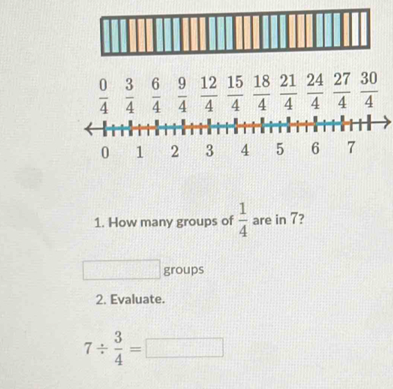  0/4   3/4   6/4   9/4   12/4   15/4   18/4   21/4   24/4   27/4   30/4 
0 1 2 3 4 5 6 7
1. How many groups of  1/4  are in 7? 
^circ  groups 
2. Evaluate.
7/  3/4 =□