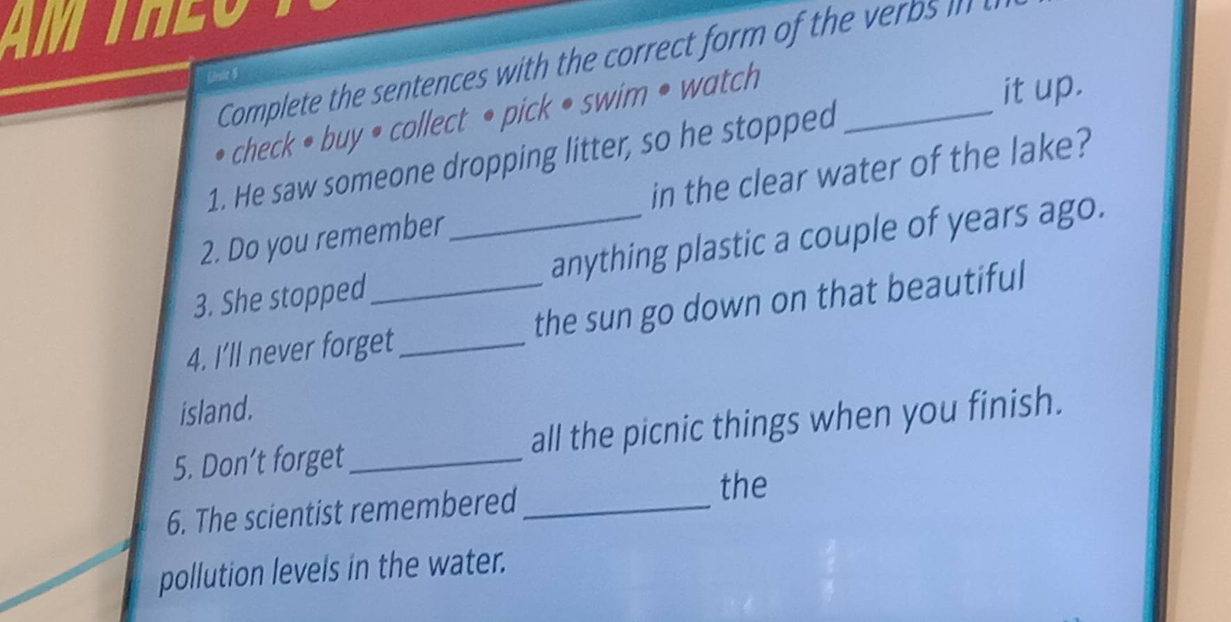 AM THEO 
Complete the sentences with the correct form of the v 
Lruie $ 
check • buy • collect • pick • swim • watch 
it up. 
1. He saw someone dropping litter, so he stopped 
2. Do you remember in the clear water of the lake? 
3. She stopped _anything plastic a couple of years ago. 
4. I’ll never forget _the sun go down on that beautiful 
island. 
5. Don’t forget_ all the picnic things when you finish. 
6. The scientist remembered_ 
the 
pollution levels in the water.