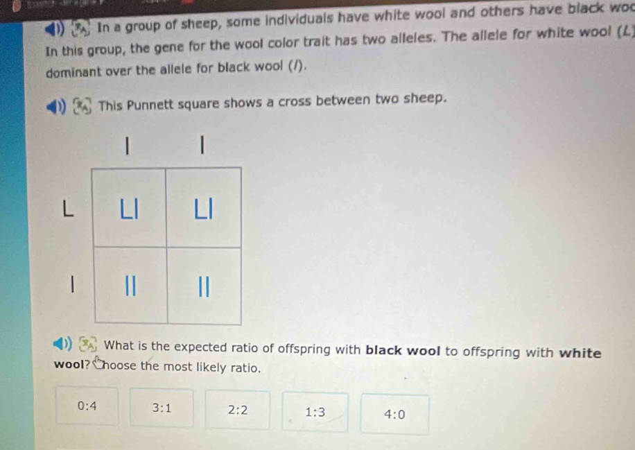 In a group of sheep, some individuals have white wool and others have black wod
In this group, the gene for the wool color trait has two alleles. The allele for white wool (L)
dominant over the allele for black wool (/).
) This Punnett square shows a cross between two sheep.
L

) What is the expected ratio of offspring with black wool to offspring with white
wool? hoose the most likely ratio.
0:4 3:1 2:2 1:3 4:0