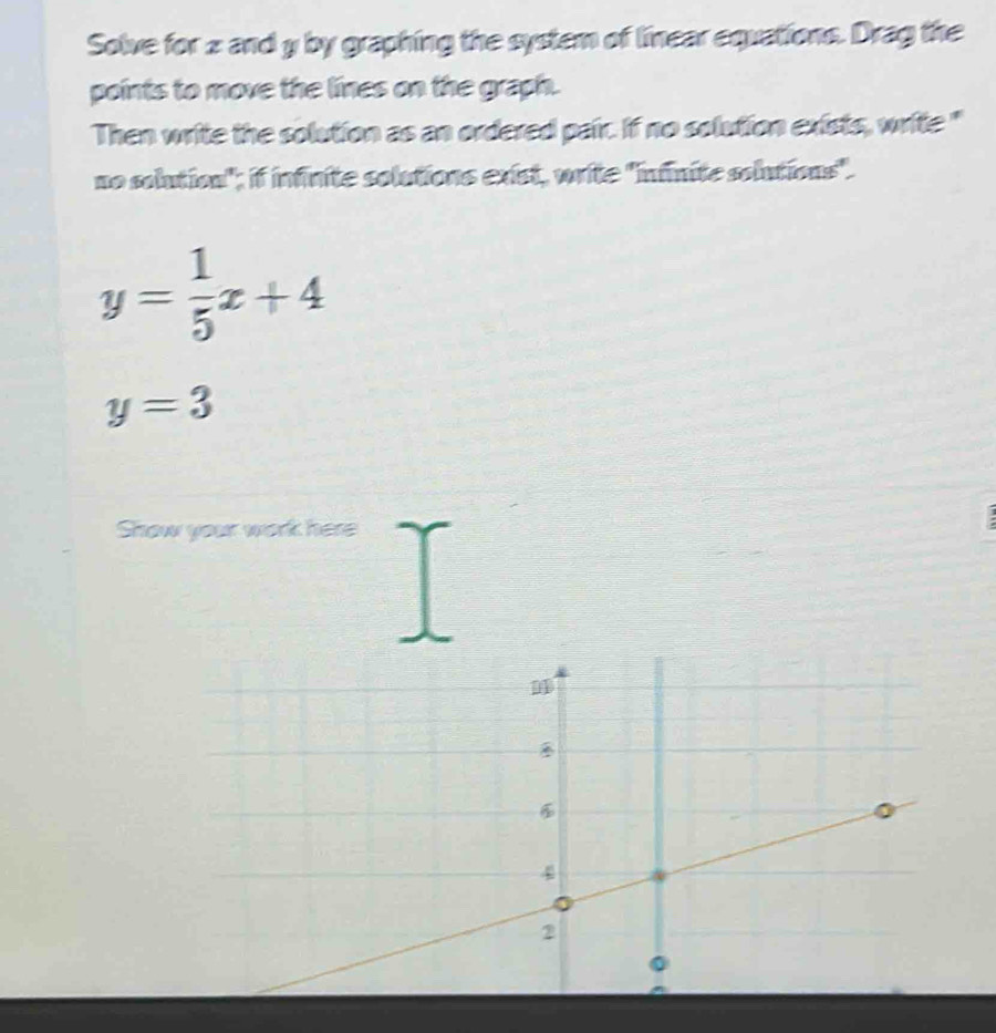 Solve for z and y by graphing the system of linear equations. Drag the 
points to move the lines on the graph. 
Then write the solution as an ordered pair. If no solution exists, write " 
no solution"; if infinite solutions exist, write 'infinite solutions".
y= 1/5 x+4
y=3
Show your work here