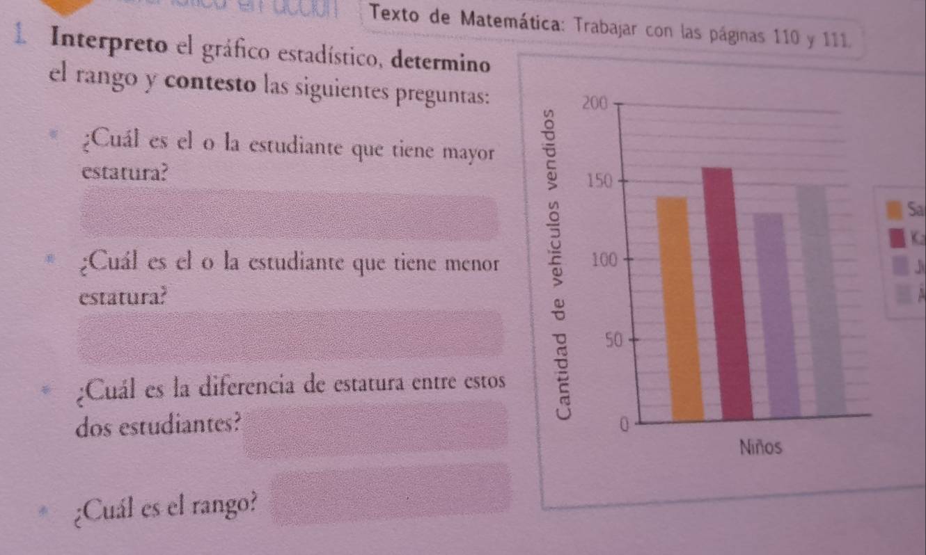 Texto de Matemática: Trabajar con las páginas 110 y 111. 
* Interpreto el gráfico estadístico, determino 
el rango y contesto las siguientes preguntas: 
;Cuál es el o la estudiante que tiene mayor 
estatura? 
Sa 
Ka 
¿Cuál es el o la estudiante que tiene menor 
estatura? 
;Cuál es la diferencia de estatura entre estos 
dos estudiantes? 
¿Cuál es el rango?