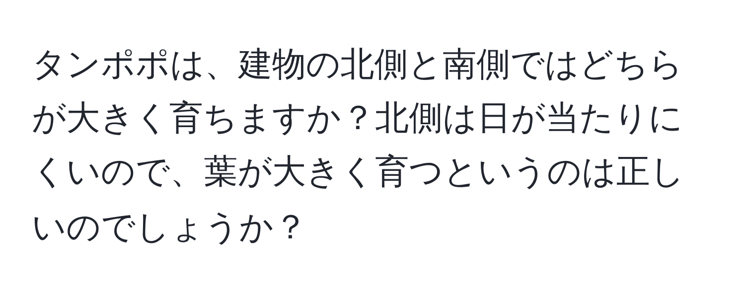 タンポポは、建物の北側と南側ではどちらが大きく育ちますか？北側は日が当たりにくいので、葉が大きく育つというのは正しいのでしょうか？