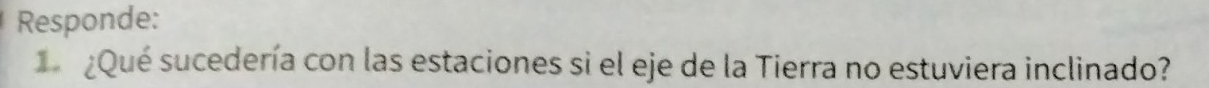 Responde: 
¿Qué sucedería con las estaciones si el eje de la Tierra no estuviera inclinado?