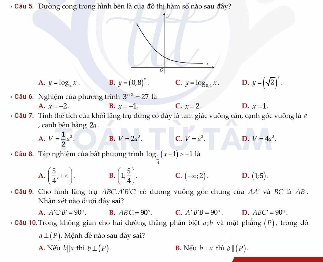 Đường cong trong hình bên là của đồ thị hàm số nào sau đây?
A. y=log _2x. B. y=(0,8)^x. C. y=log _0.4x. D. y=(sqrt(2))^x.
Câu 6. Nghiệm của phương trình 3^(x+2)=27la
A. x=-2. B. x=-1. C. x=2. D. x=1.
*  Câu 7. Tính thể tích của khối lăng trụ đứng có đáy là tam giác vuông cân, cạnh góc vuông là #
, cạnh bên bằng 2.
A. V= 1/2 a^3.
B. V=2a^3. C. V=a^3. D. V=4a^3.
*  Câu 8. Tập nghiệm của bất phương trình log _ 1/4 (x-1)>-1 là
A. ( 5/4 ;+∈fty ). (1; 5/4 ). (-∈fty ;2). D. (1;5).
B.
C.
Câu 9. Cho hình lăng trụ ABC. A'B'C' có đường vuông góc chung cua AA' và BC' là AB.
Nhận xét nào dưới đây sai?
A. A'C'B'=90°. B. ABC=90°. C. A'B'B=90°. D. ABC'=90°.
0 Câu 10.Trong không gian cho hai đường thắng phân biệt a;b và mặt phẳng (P), trong đó
a⊥ (P). Mệnh đề nào sau đây sai?
A. Nếu b||a thì b⊥ (P). B. Nếu b⊥ a thì bbeginvmatrix endvmatrix (P).