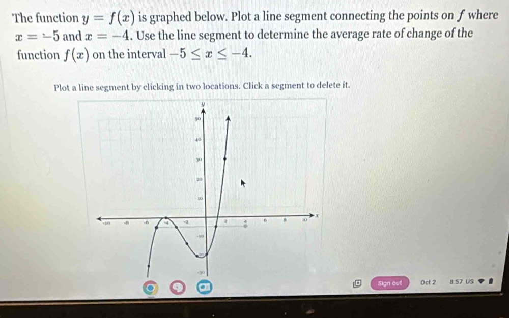 The function y=f(x) is graphed below. Plot a line segment connecting the points on f where
x=-5 and x=-4. Use the line segment to determine the average rate of change of the 
function f(x) on the interval -5≤ x≤ -4. 
Plot a line segment by clicking in two locations. Click a segment to delete it. 
Sign out Oct 2 8.57 US