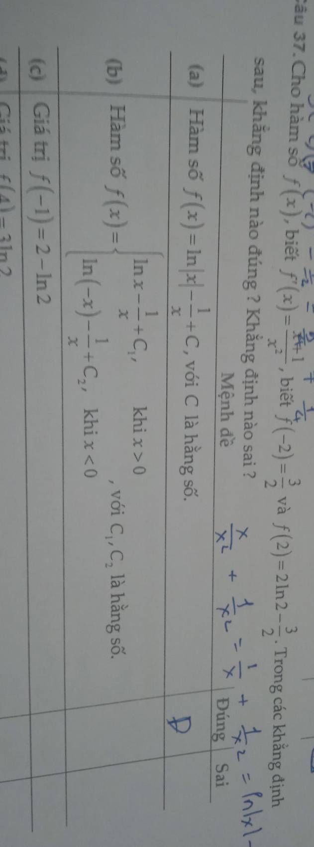 3âu 37.Cho hàm số f(x) , biết f'(x)= (x+1)/x^2  , biết f(-2)= 3/2  và f(2)=2ln 2- 3/2 . Trong các khẳng định
sau, khẳng định nào đún
Ciá trí f(4)=3ln 2