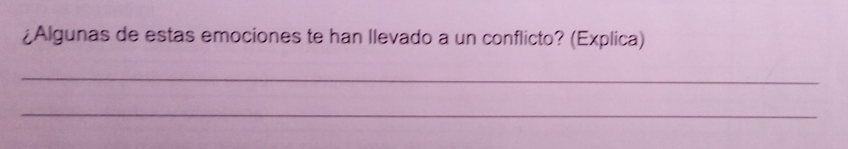 ¿Algunas de estas emociones te han llevado a un conflicto? (Explica) 
_ 
_