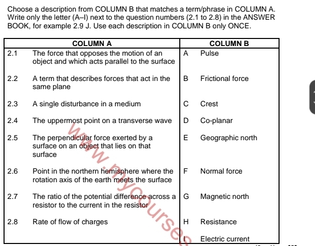 Choose a description from COLUMN B that matches a term/phrase in COLUMN A.
Write only the letter (A-I) next to the question numbers (2.1 to 2.8) in the ANSWER
BOOK, for example 2.9 J. Use each description in COLUMN B only ONCE.
2
2
2
2
2
2
2
2
Electric current