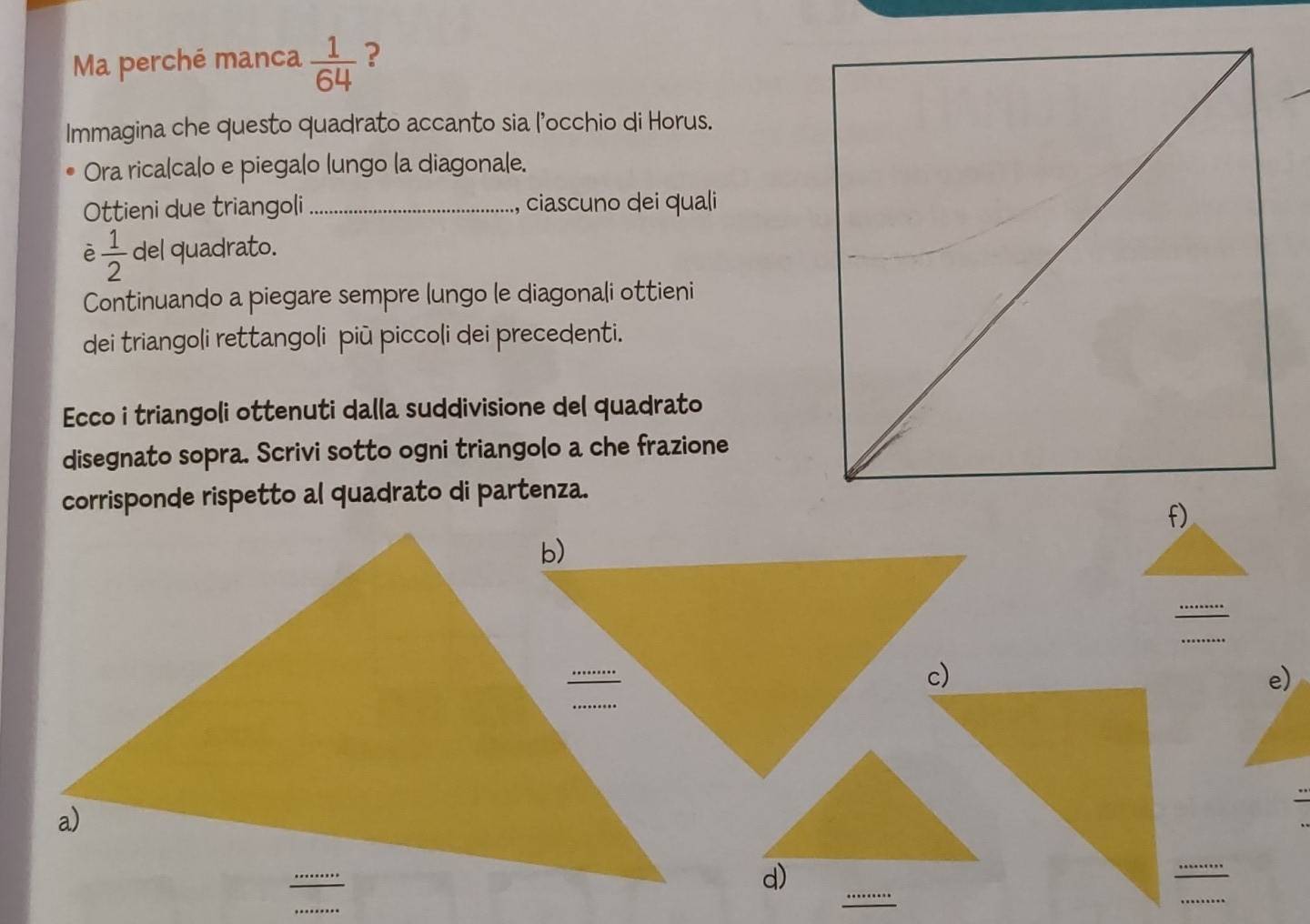 Ma perché manca  1/64  ? 
Immagina che questo quadrato accanto sia l'occhio di Horus. 
Ora ricalcalo e piegalo lungo la diagonale. 
Ottieni due triangoli _ciascuno dei quali 
ē  1/2  del quadrato. 
Continuando a piegare sempre lungo le diagonali ottieni 
dei triangoli rettangoli più piccoli dei precedenti. 
Ecco i triangoli ottenuti dalla suddivisione del quadrato 
disegnato sopra. Scrivi sotto ogni triangolo a che frazione 
corrisponde rispetto al quadrato di partenza. 
f) 
e) 
_ 
d)