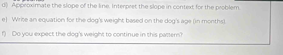 Approximate the slope of the line. Interpret the slope in context for the problem. 
e) Write an equation for the dog's weight based on the dog's age (in months). 
f) Do you expect the dog's weight to continue in this pattern?