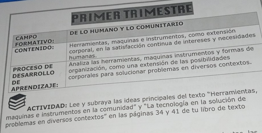 ACTIVIDAD: Lee y subraya las i 
maquinas e instrumentos en la comunidad” y “La tecnología en la solu 
problemas en diversos contextos" en las páginas 34 y 41 de tu libro de texto