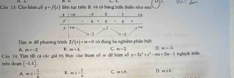 A. 2. D C. 4. D. 1.
Câu 13: Cho hàm gố y=f(x) liên tục trên R và có bảng biến thiên như sau:
ìm m để phương trình 2f(x)+m=0 có đúng ba nghiêm phân biệt.
A. m=-2. 6. m=4. C. m=2. D. m=-1. 
Câu 14: Tìm tất cả các giá trị thực của tham số m để hàm số y=2x^3+x^2-mx+2m-1 nghịch biến
trên đoạn [-1;1].
A. m≤ - 1/6 . B. m≥ - 1/6 . C. m≤ 8. D. m≥ 8.