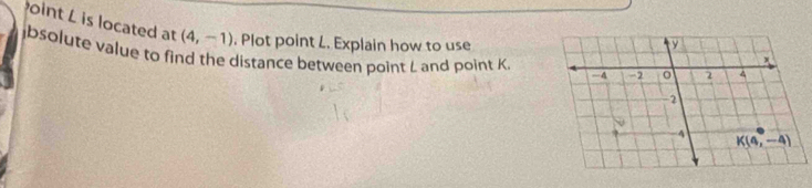 oint L is located at (4,-1). Plot point L. Explain how to use
bsolute value to find the distance between point L and point K.