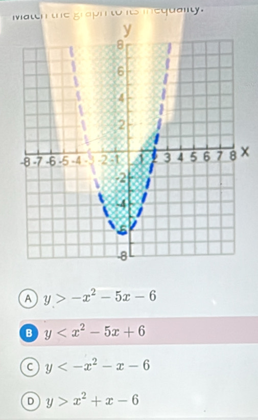 Maten the graph to its iequality.
×
A y>-x^2-5x-6
B y
a y
D y>x^2+x-6