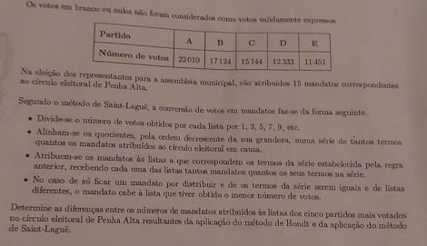 Os votos em branco ou nulos não foram considerados como votos validamente expressos 
Na eleição doepresentantes para a assembleia municipal, são atribuídos 15 mandates correspondentes 
ao círculo eleitoral de Penha Alta. 
Segundo o método de Saint-Laguê, a conversão de votos em mandatos faz-se da forma seguinte. 
Divide-se o número de votos obtidos por cada lista por 1, 3, 5, 7, 9, etc. 
Alinham-se os quocientes, pela ordem decrescente da sua grandeza, numa série de tantos termos 
quantos os mandatos atribuídos ao círculo eleitoral em causa. 
Atribuem-se os mandates às listas a que correspondem os termos da série estabelecida pela regra 
anterior, recebendo cada uma das listas tantos mandatos quantos os seus termos na série. 
No caso de só ficar um mandato por distribuir e de os termos da série serem iguais e de listas 
diferentes, o mandato cabe à lista que tiver obtido o menor número de votos. 
Determine as diferenças entre os múmeros de mandatos atribuídos às listas dos cinco partidos mais votados 
no círculo eleitoral de Penha Alta resultantes da aplicação do método de Hondt e da aplicação do método 
de Saint-Laguë.