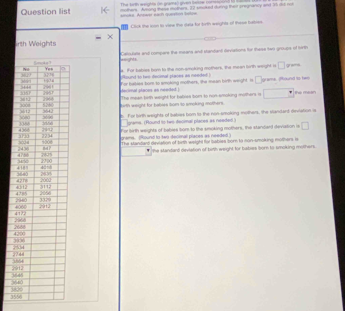 The birth weights (in grams) given below correspond to eabies b 
Question list mothers. Among these mothers, 22 smoked during their pregnancy and 35 did not 
smoke. Answer each question below. 
Click the icon to view the data for birth weights of these babies. 
irth Weights 
Calculate and compare the means and standard deviations for these two groups of birth 
weights. 
a. For babies born to the non-smoking mothers, the mean birth weight is □ grams. 
(Round to two decimal places as needed.) 
For babies born to smoking mothers, the mean birth weight is □ grams (Round to two 
decimal places as needed.) 
the mean 
The mean birth weight for babies born to non-smoking mothers is □
birth weight for babies born to smoking mothers. 
b. For birth weights of babies born to the non-smoking mothers, the standard deviation is
□ grams. (Round to two decimal places as needed.) 
For birth weights of babies born to the smoking mothers, the standard deviation is □
grams. (Round to two decimal places as needed.) 
The standard deviation of birth weight for babies born to non-smoking mothers is 
the standard deviation of birth weight for babies born to smoking mothers.
4
4
4
2
4
4
2
2
4
3
25
27
38
29
36
36
38
35