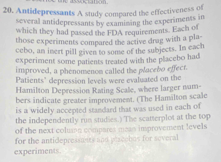 association. 
20. Antidepressants A study compared the effectiveness of 
several antidepressants by examining the experiments in 
which they had passed the FDA requirements. Each of 
those experiments compared the active drug with a pla- 
cebo, an inert pill given to some of the subjects. In each 
experiment some patients treated with the placebo had 
improved, a phenomenon called the placebo effect. 
Patients’ depression levels were evaluated on the 
Hamilton Depression Rating Scale, where larger num- 
bers indicate greater improvement. (The Hamilton scale 
is a widely accepted standard that was used in each of 
the independently run studies.) The scatterplot at the top 
of the next column compares mean improvement levels 
for the antidepressants and placebos for several 
experiments.