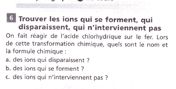 Trouver les ions qui se forment, qui 
disparaissent, qui n’interviennent pas 
On fait réagir de l'acide chlorhydrique sur le fer. Lors 
de cette transformation chimique, quels sont le nom et 
la formule chimique : 
a. des ions qui disparaissent ? 
b. des ions qui se forment ? 
c. des ions qui n’interviennent pas ?