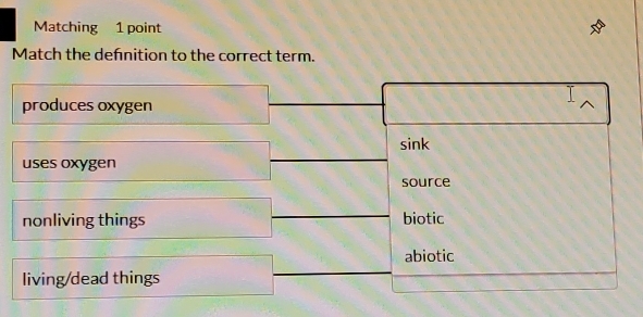 Matching 1 point
Match the defnition to the correct term.
produces oxygen
sink
uses oxygen
source
nonliving things biotic
abiotic
living/dead things