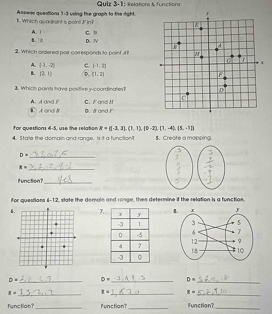 Quiz 3-1: Relations & Functions
Answer questions 1-3 using the graph to the right.
1. Which quadrant is point F in?
A. I C. Ⅲ
B. ) | D. IV
2. Which ordered pair corresponds to point 4?
A. (-1,-2) C. (-1,2)
B. (2,1) D. (1,2)
3. Which points have positive y-coordinates?
A. A and F C. F and H
B. A and B D. B and F
For questions 4-5, use the relation R= (-3,3),(1,1),(0-2),(1,-4),(5,-1)
4. State the domain and range. Is it a function? 5. Create a mapping.
_ D=
_ R=
Function?_
For questions 6-12, state the domain and range, then determine if the relation is a function.
6
7.
8.

_ D=
_ D=
_ D=
_ R=
_ R=
_ R=
Function? _Function? _Function?_