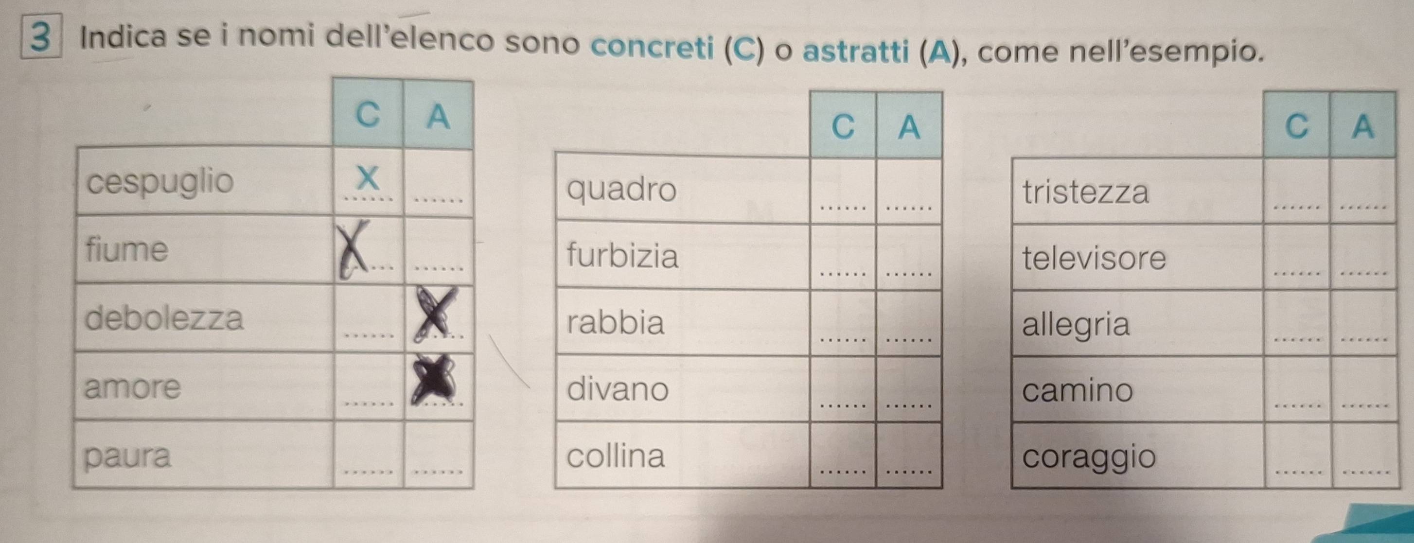 Indica se i nomi dell’elenco sono concreti (C) o astratti (A), come nell’esempio.