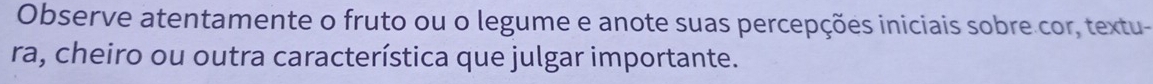 Observe atentamente o fruto ou o legume e anote suas percepções iniciais sobre cor, textu- 
ra, cheiro ou outra característica que julgar importante.