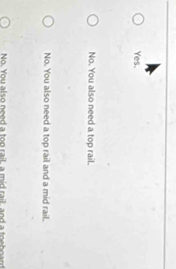Yes.
No. You also need a top rail.
No. You also need a top rail and a mid rail.
No. You also need a to n rait a m i ra a e a t