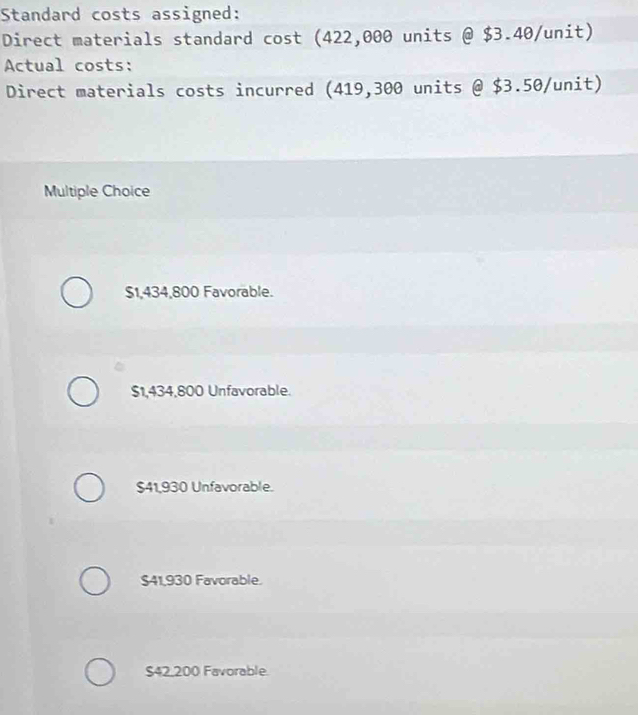 Standard costs assigned:
Direct materials standard cost (422,000 units @ $3.40 /unit)
Actual costs:
Direct materials costs incurred (419,300 units @ $3.50 /unit)
Multiple Choice
$1,434,800 Favorable.
$1,434,800 Unfavorable.
$41,930 Unfavorable.
$41,930 Favorable.
$42,200 Favorable.