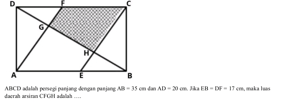 dan AD=20cm. Jika EB=DF=17cm , maka luas
daerah arsiran CFGH adalah …