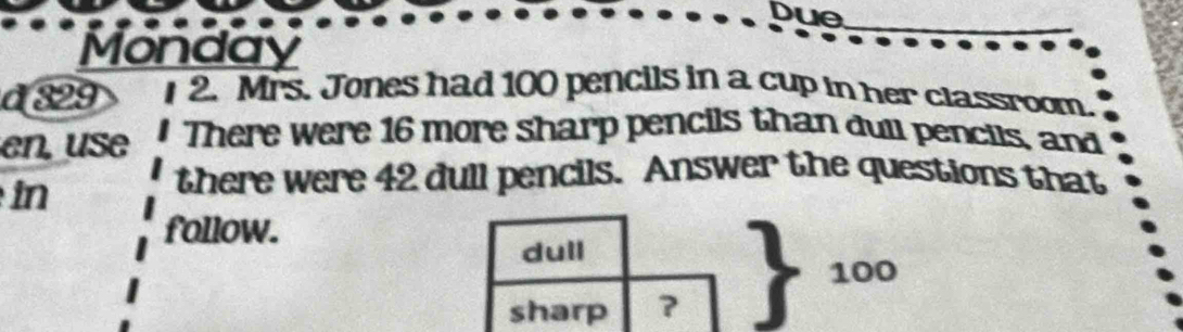 Due 
Monday 
_ 
a 329 2. Mrs. Jones had 100 pencils in a cup in her classroom, 
en,use I There were 16 more sharp pencils than dull pencils, and 
in 
there were 42 dull pencils. Answer the questions that 
follow. 
dull
100
sharp ?