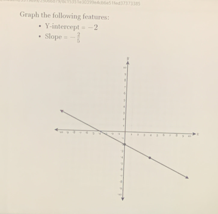 19699/25066879/8c15351e30399e4cb6e51fed37373385 
Graph the following features: 
Y-intercept =-2
Slope =- 2/5 