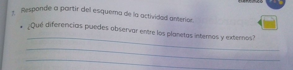 científico 
Responde a partir del esquema de la actividad anterior. 
_ 
¿Qué diferencias puedes observar entre los planetas internos y externos? 
_ 
_