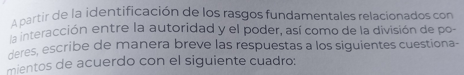 A partir de la identificación de los rasgos fundamentales relacionados con 
la interacción entre la autoridad y el poder, así como de la división de po- 
deres, escribe de manera breve las respuestas a los siguientes cuestiona- 
mientos de acuerdo con el siguiente cuadro: