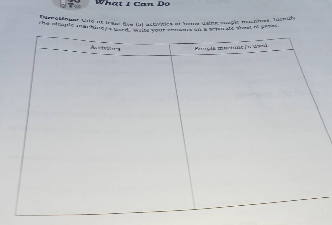 What I Can Do 
Directions: Cite at least five (5) activities at home using simple machines. Identify 
the simple machine/sarate sheet of paper.