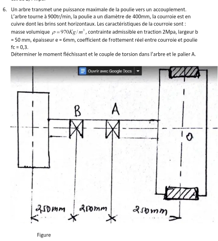 Un arbre transmet une puissance maximale de la poulie vers un accouplement. 
L'arbre tourne à 900tr/min, la poulie a un diamètre de 400mm, la courroie est en 
cuivre dont les brins sont horizontaux. Les caractéristiques de la courroie sont : 
masse volumique rho =970Kg/m^3 , contrainte admissible en traction 2Mpa, largeur b
=50mm , épaisseur e=6mm , coefficient de frottement réel entre courroie et poulie
fc=0,3. 
Déterminer le moment fléchissant et le couple de torsion dans l'arbre et le palier A. 
Figure