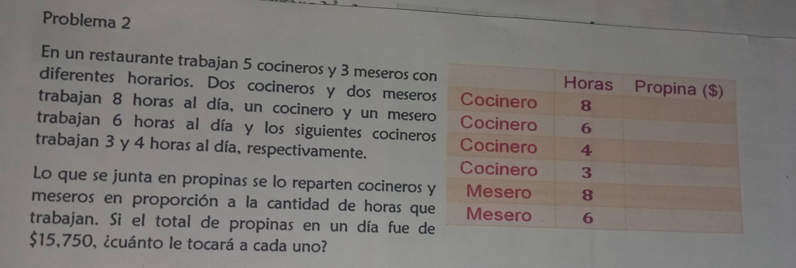 Problema 2 
En un restaurante trabajan 5 cocineros y 3 meseros co 
diferentes horarios. Dos cocineros y dos mesero 
trabajan 8 horas al día, un cocinero y un meser 
trabajan 6 horas al día y los siguientes cocinero 
trabajan 3 y 4 horas al día, respectivamente. 
Lo que se junta en propinas se lo reparten cocineros 
meseros en proporción a la cantidad de horas qu 
trabajan. Si el total de propinas en un día fue d
$15,750, ¿cuánto le tocará a cada uno?