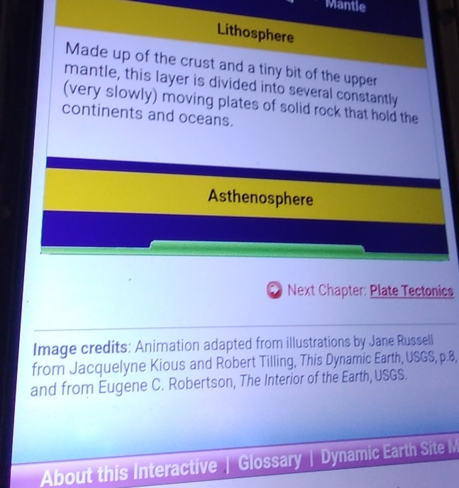 Mantle 
Lithosphere 
Made up of the crust and a tiny bit of the upper 
mantle, this layer is divided into several constantly 
(very slowly) moving plates of solid rock that hold the 
continents and oceans. 
Asthenosphere 
Next Chapter: Plate Tectonics 
Image credits: Animation adapted from illustrations by Jane Russell 
from Jacquelyne Kious and Robert Tilling, This Dynamic Earth, USGS, p.8, 
and from Eugene C. Robertson, The Interior of the Earth,USGS. 
About this Interactive | Glossary | Dynamic Earth Site M