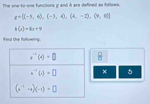 The one-to-one functions g and / are defined as follows.
g= (-5,6),(-3,4),(4,-2),(9,0)
h(x)=8x+9
Find the following.
 □ /□  
× 5