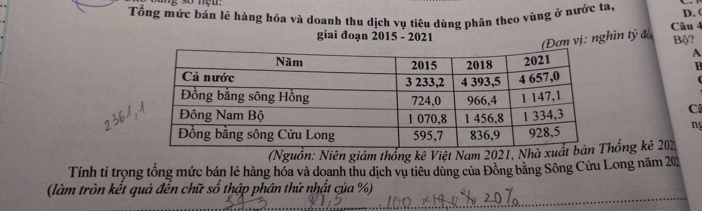 Tổng mức bán lẻ hàng hóa và doanh thu dịch vụ tiêu dùng phân theo vùng ở nước ta, 
D. ( 
Câu 4 
giai đoạn 2015 - 2021 
n vị: nghìn tỷ đồ 
Bộ? 
A 
B 
Câ 
ng 
(Nguồn: Niên giám thống kê Việt Nam 2021, Nhà xuấhống kê 201
Tính tỉ trọng tổng mức bán lẻ hàng hóa và doanh thu dịch vụ tiêu dùng của Đồng bằng Sông Cửu Long năm 202
(làm tròn kết quả đến chữ số thập phân thứ nhất của %)