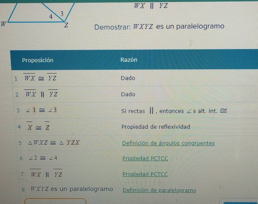 WX ∥ YZ 
Demostrar: WXYZ es un paralelogramo 
Proposición Razón 
1 overline WX≌ overline YZ Dado 
2 overline WXparallel overline YZ Dado 
3 ∠ 1≌ ∠ 3 Si rectas || ,entonces ∠ sal :. int. 
4 overline X≌ overline Z
Propiedad de reflexividad 
5 △ WXZ≌ △ YZX Definición de ángulos congruentes 
5 ∠ 2≌ ∠ 4 Propiedad PCTCC 
7 overline WXparallel overline YZ
Propiedad PCTCC 
§ WXYZ es un paralelogramo Definición de paralelogramo