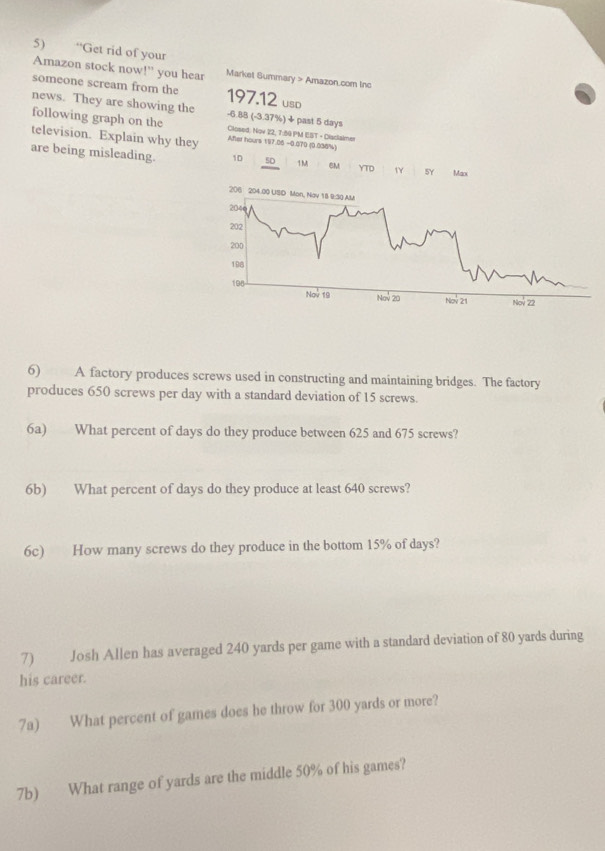 “Get rid of your 
Amazon stock now!” you hear Market Summary > Amazon.com Inc 
someone scream from the 197.12 uso 
news. They are showing the -6.88 (-3.37%) ÷past 5 days
following graph on the Closed. Nov 22, 7:59 PM EST - Ciaclaimer 
television. Explain why they After hours 197.06 - 0.070 (0.036%) 
are being misleading. 10 5D 1M GM YTD SY Max 
6) A factory produces screws used in constructing and maintaining bridges. The factory 
produces 650 screws per day with a standard deviation of 15 screws. 
6a) What percent of days do they produce between 625 and 675 screws? 
6b) What percent of days do they produce at least 640 screws? 
6c) How many screws do they produce in the bottom 15% of days? 
7) Josh Allen has averaged 240 yards per game with a standard deviation of 80 yards during 
his career. 
7a) What percent of games does he throw for 300 yards or more? 
7b) What range of yards are the middle 50% of his games?